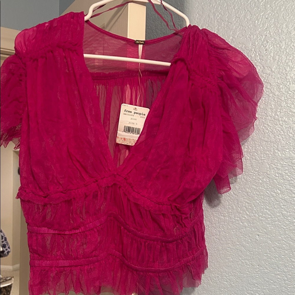 Free People Hot Pink Ruffle Mesh V-Neck Blouse